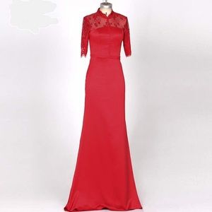 Red satin and lace three quarter dress